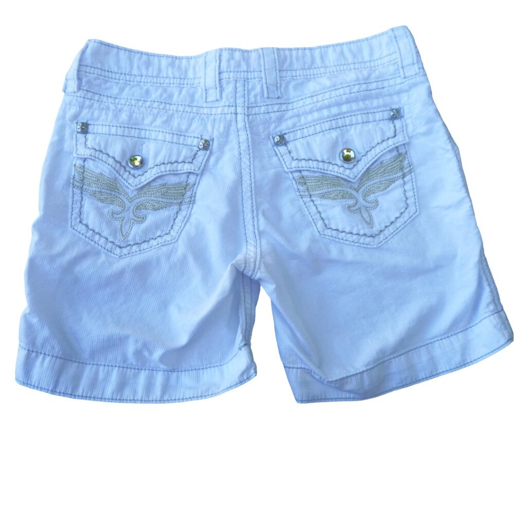 Rock Revival White Jean Shorts Silver Lurex Embroidery Wings Rhinestone Pockets